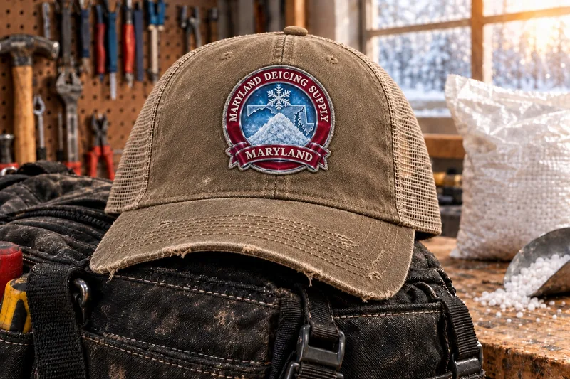 Maryland Deicing Supply trucker cap on a tool bag in a workshop